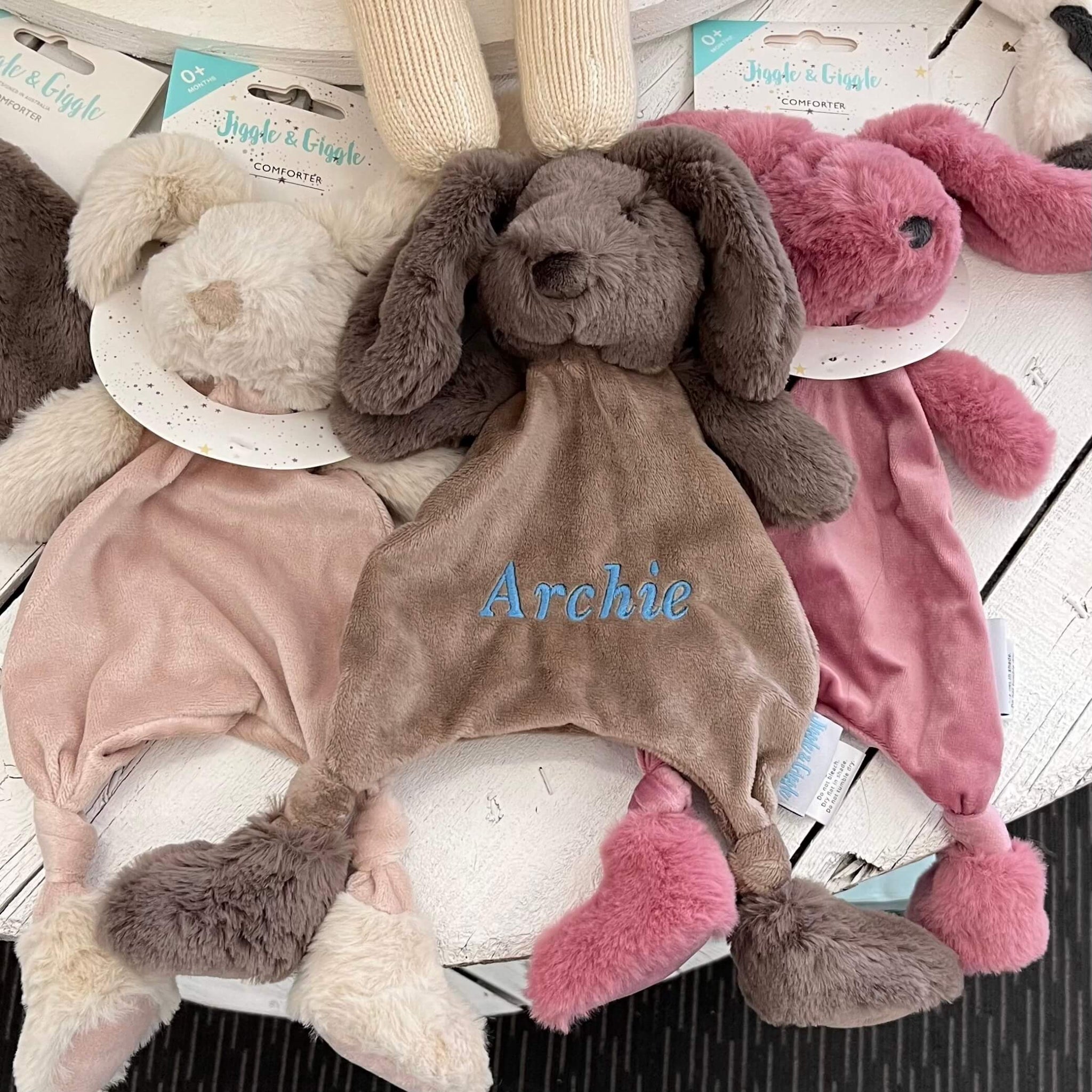 Bunny Soother Plush Comforter Mocha Embroided