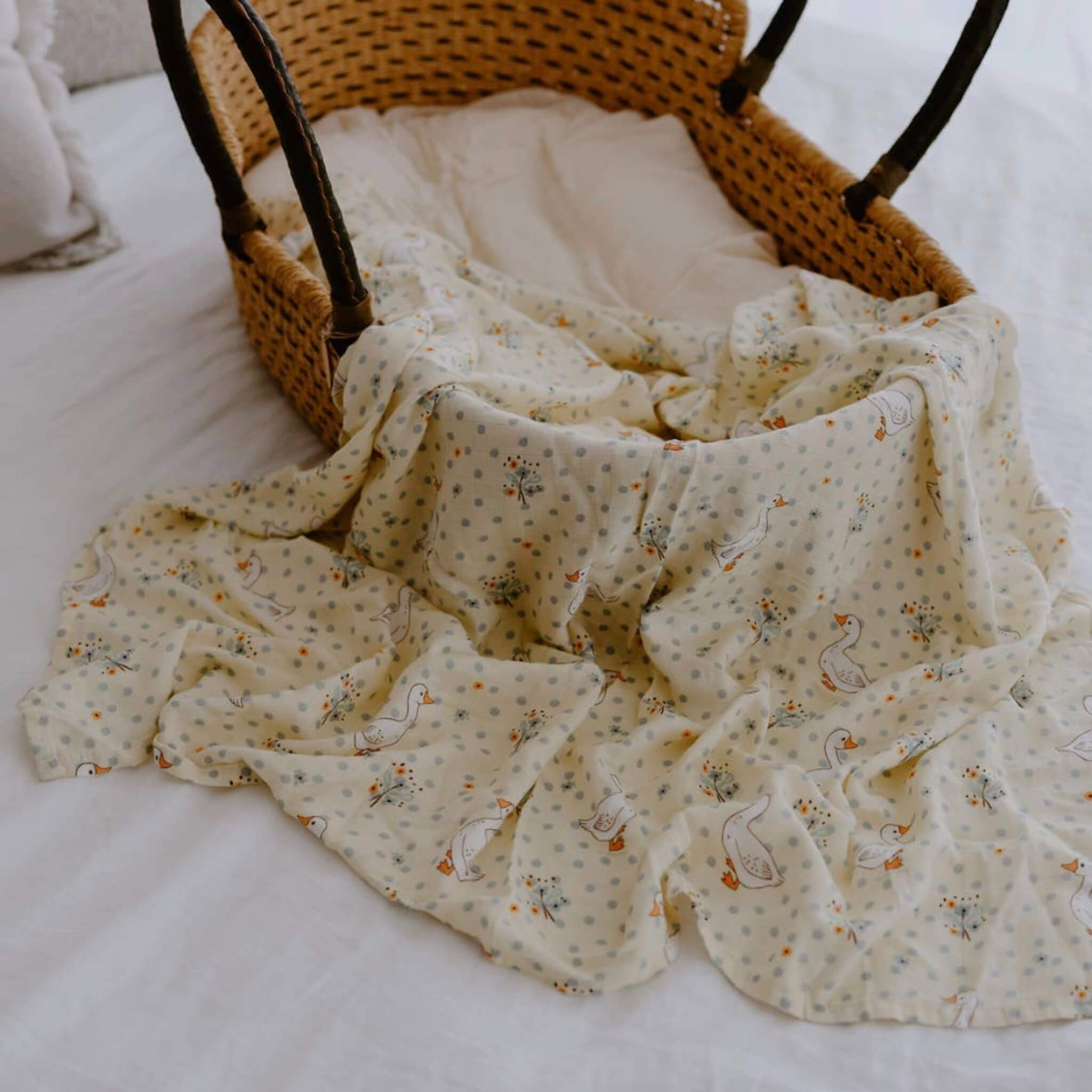 French Geese Baby Swaddle | Butter Yellow Baby Wrap by The Name Nest