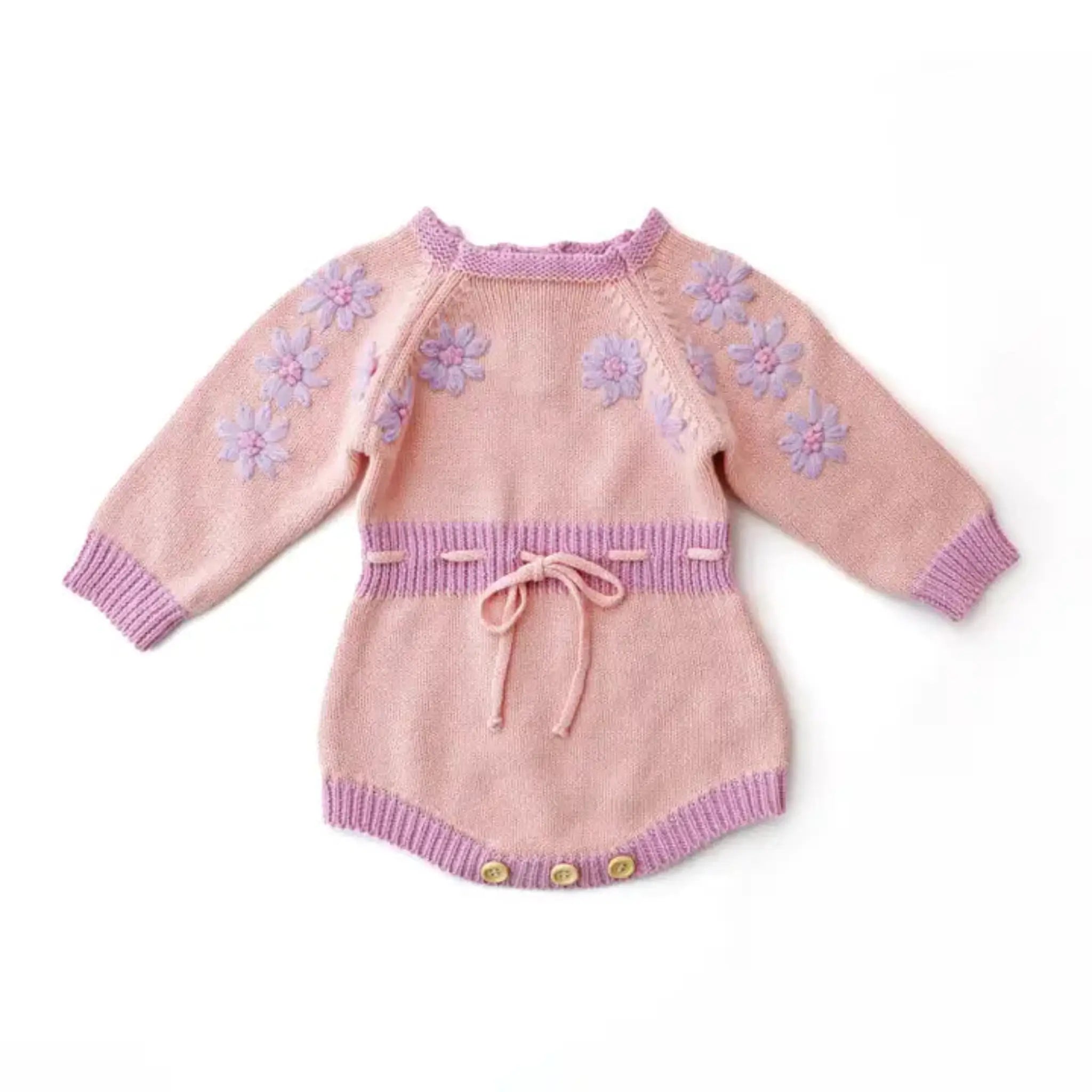 Knitted Pink Baby Romper with Lilac Embroidered Flowers