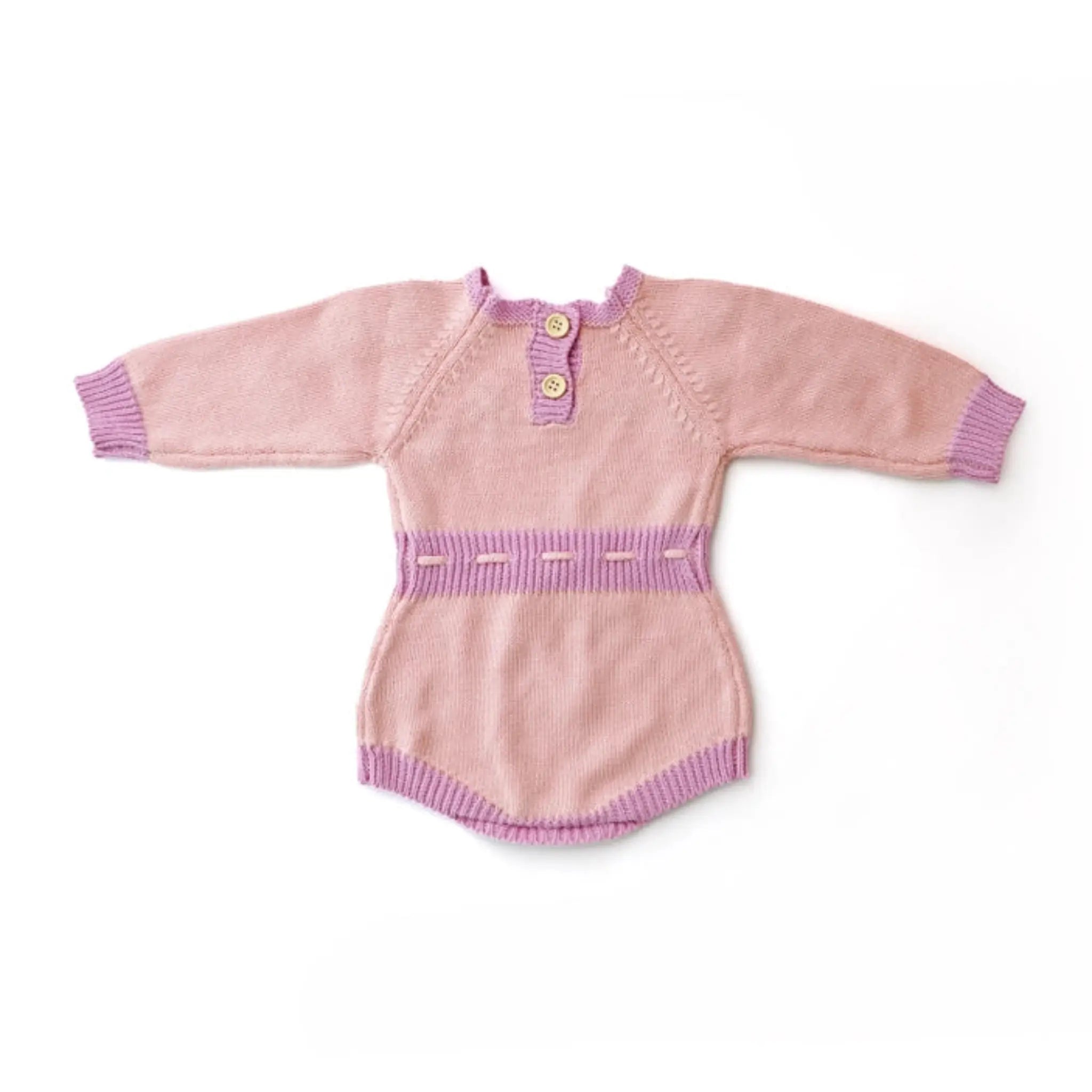 Knitted Pink Baby Romper with Lilac Embroidered Flowers