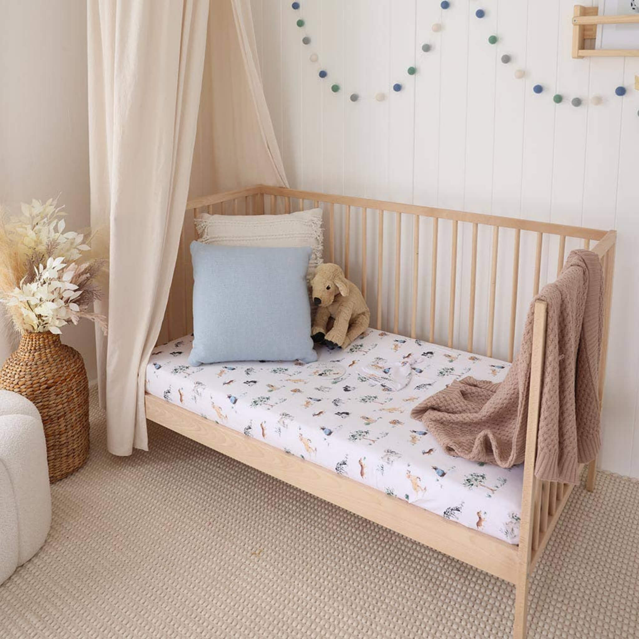 Organic Cotton Cot Sheet | Dog Park Print Fitted Cot Sheet