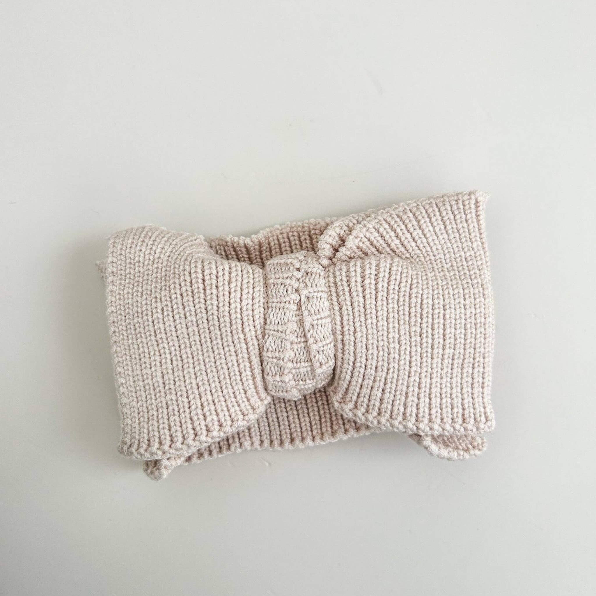 Oversized Beige Ribbed Knit Bow Headband