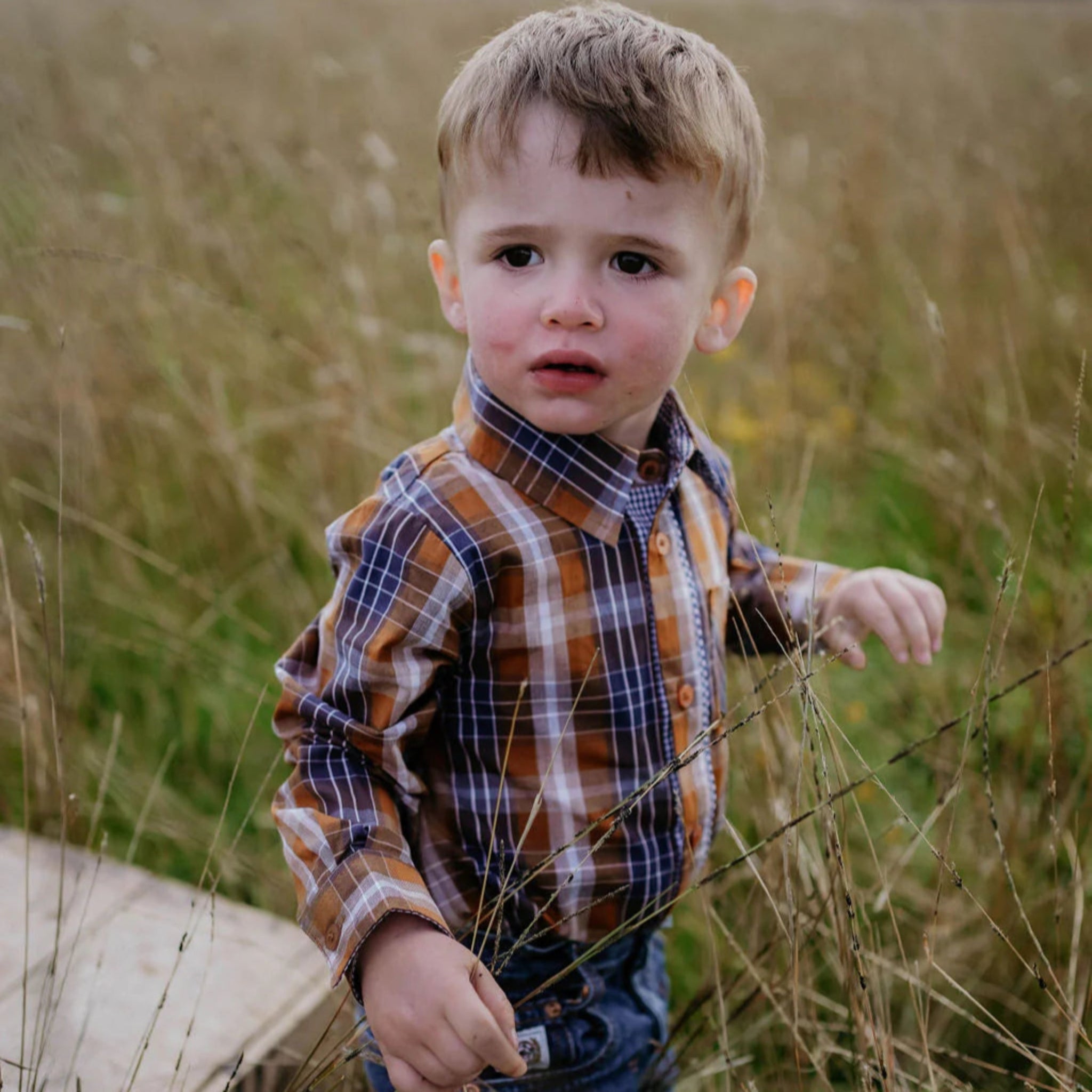 TJ Brown Checked Long sleeve Romper-Little Windmill Clothing