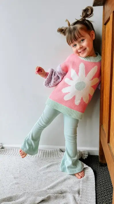 Minty Ribbed Baby Bell Bottoms | Thick Cotton Flared Pants for Kids