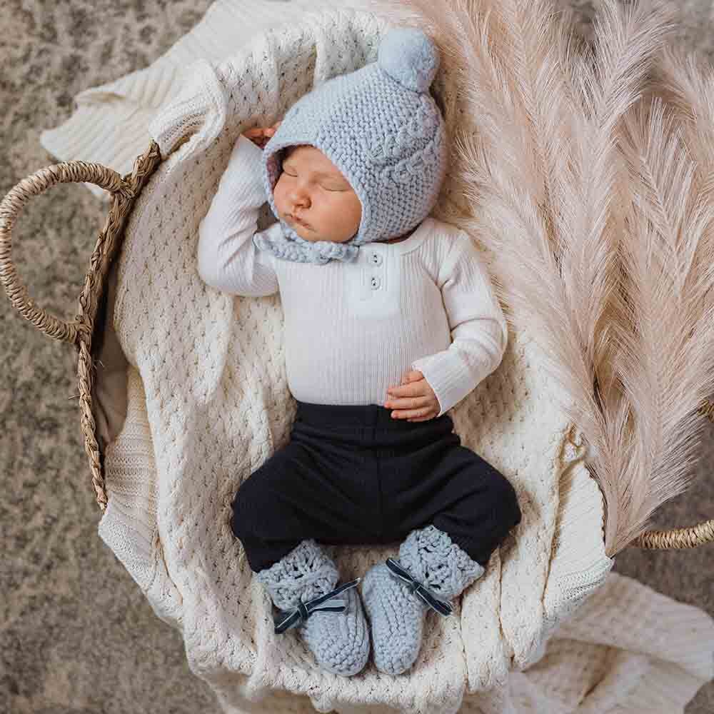 Blue | Merino Wool Bonnet & Booties