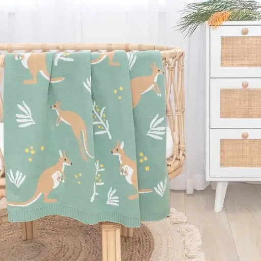 Australiana Baby Blanket Kangaroo/Green- Living Textiles