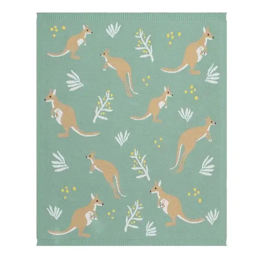 Australiana Baby Blanket Kangaroo/Green- Living Textiles