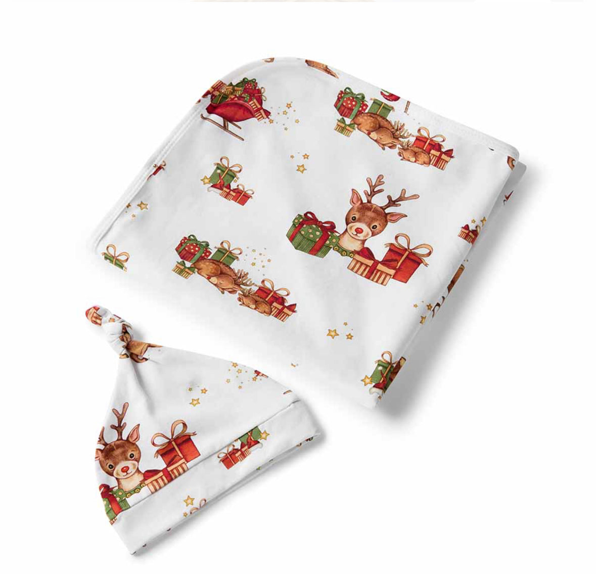 Reindeer Organic Jersey Wrap,Beanie & Milestone Card Set- Snuggle Hunny