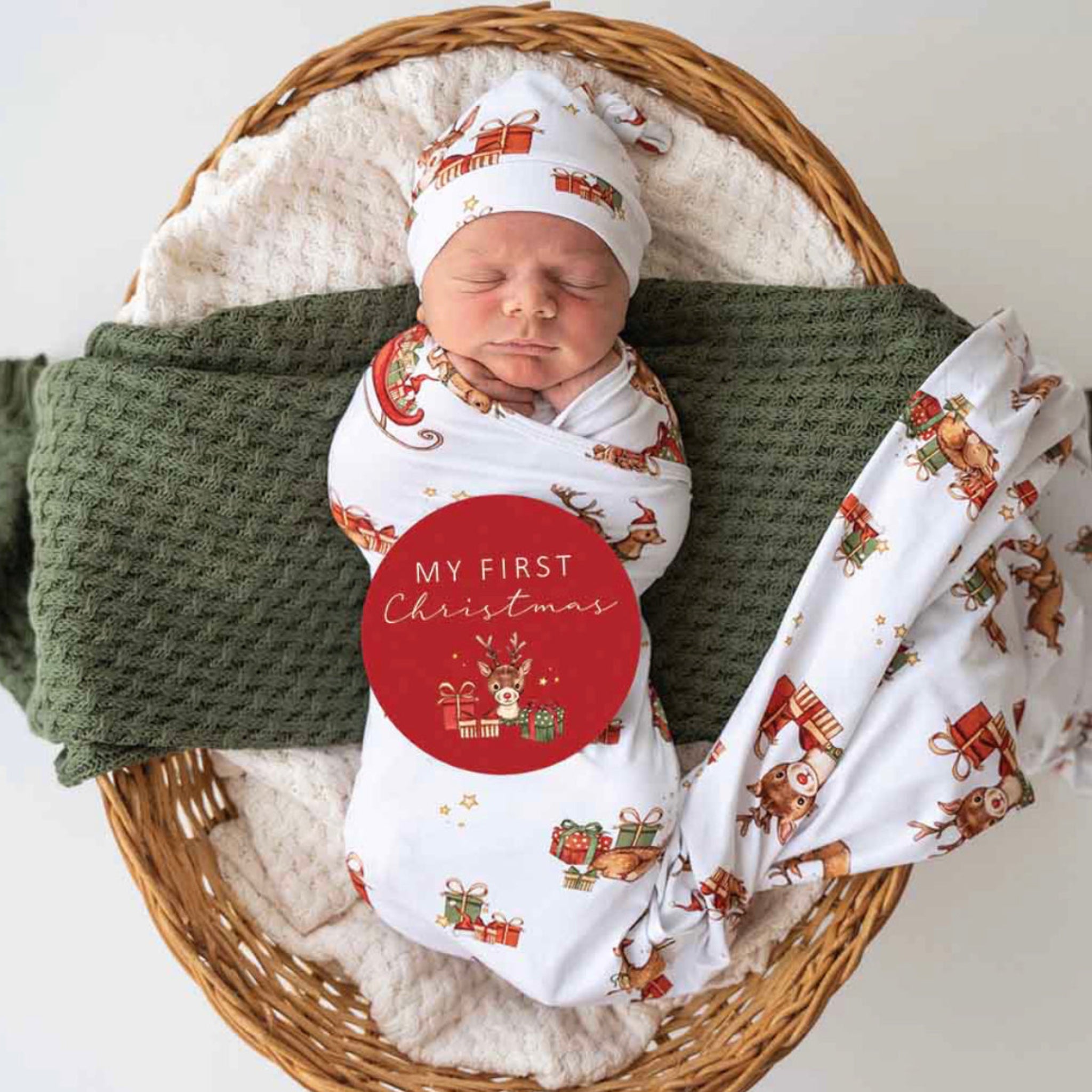Reindeer Organic Jersey Wrap,Beanie & Milestone Card Set- Snuggle Hunny
