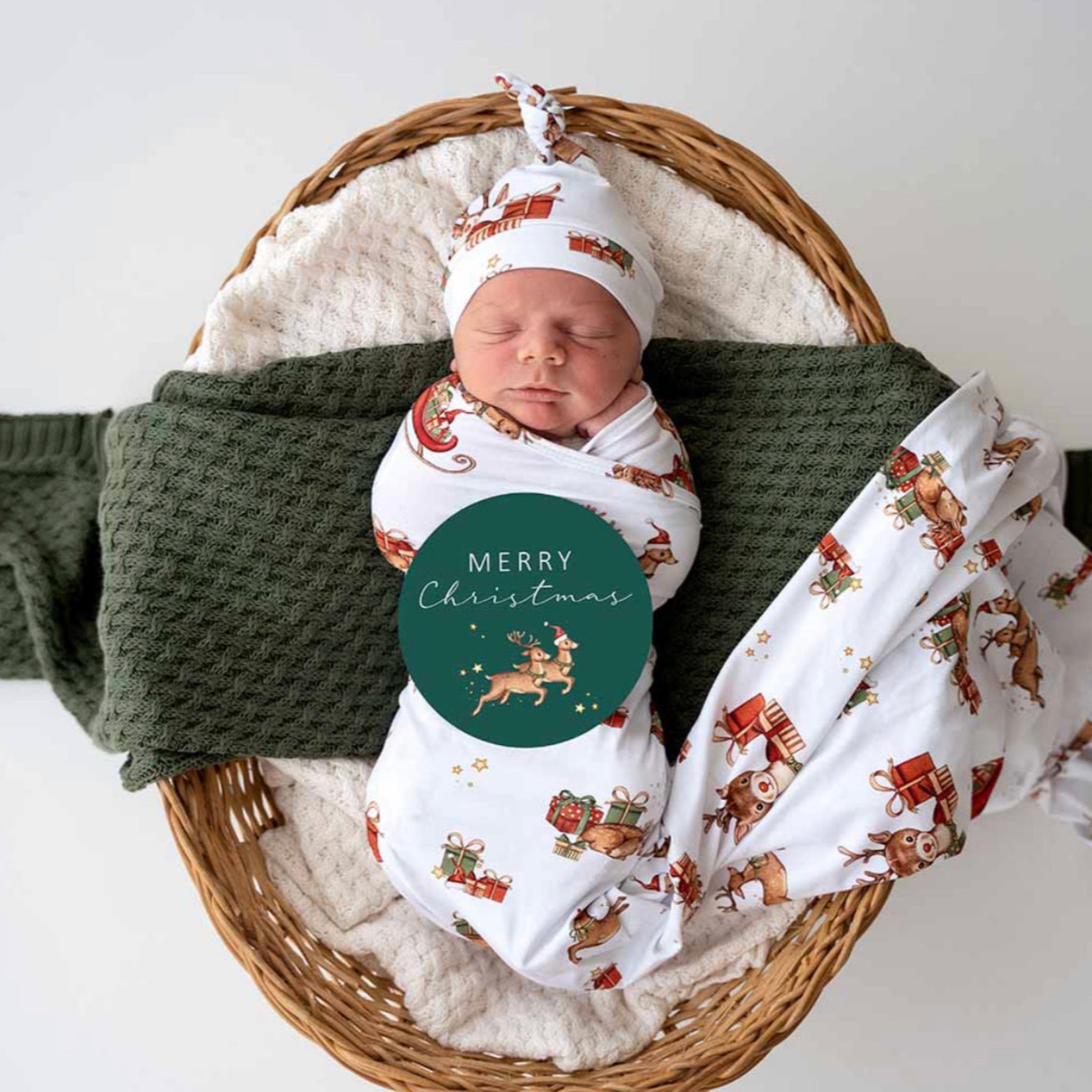 Reindeer Organic Jersey Wrap,Beanie & Milestone Card Set- Snuggle Hunny