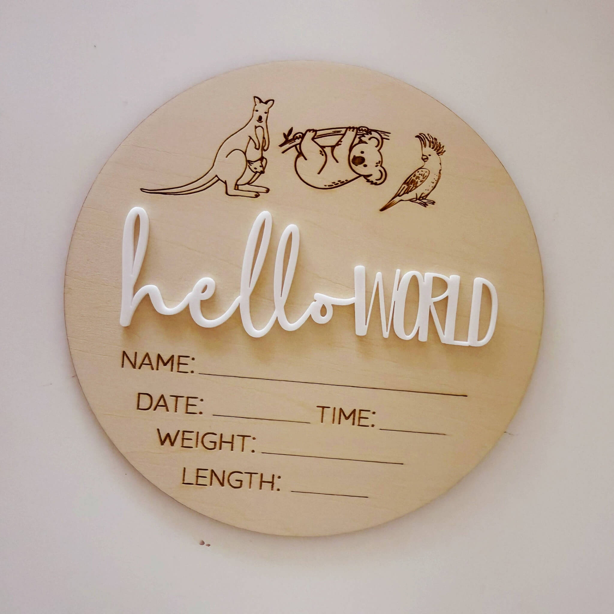  Hello World Birth Announcement Disc Australian Animals