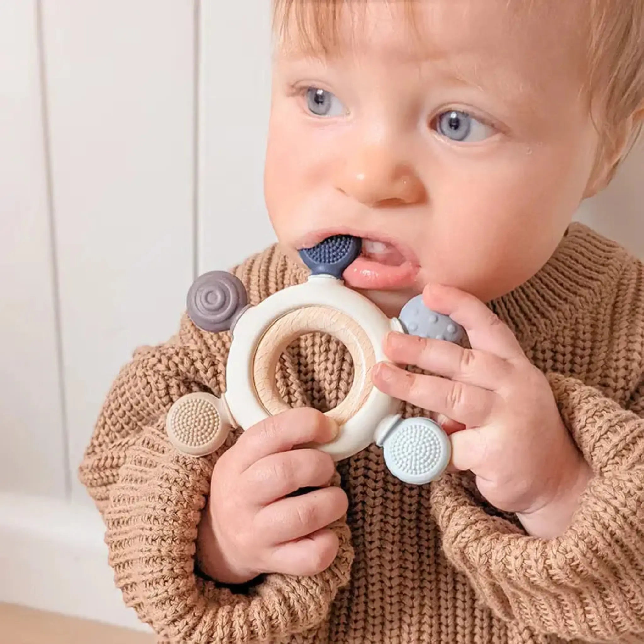 Silicone & Beechwood Baby Teether | BPA-Free Sensory Teething Toy