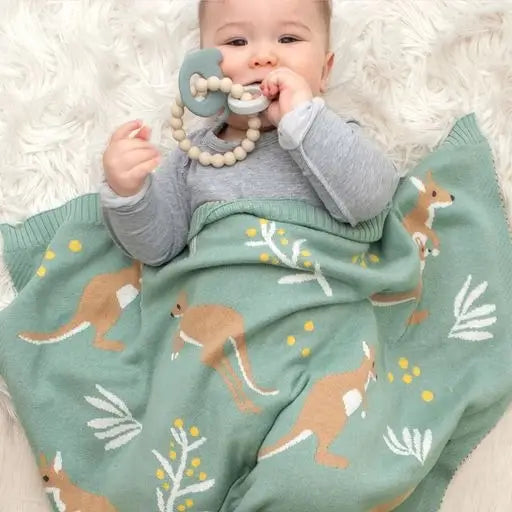 Australiana Baby Blanket Kangaroo/Green- Living Textiles