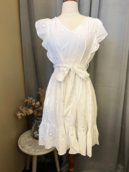 Schiffli Ruffle Dress | White